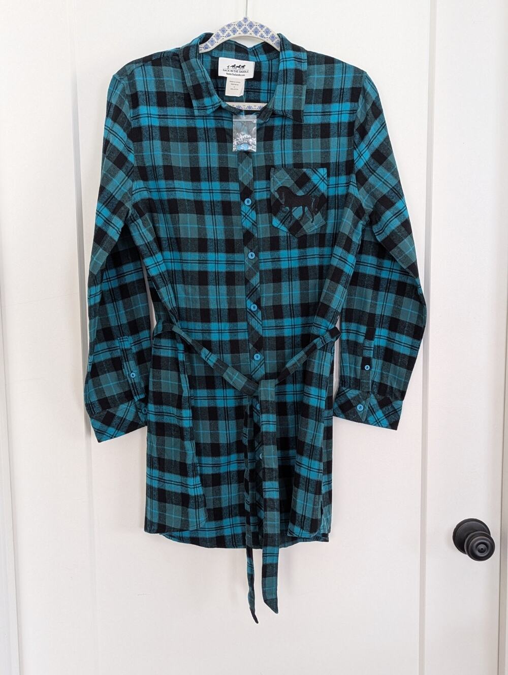 Back In The Saddle Women's M 100% Cotton Teal Plaid Knee Length Dress Button Up